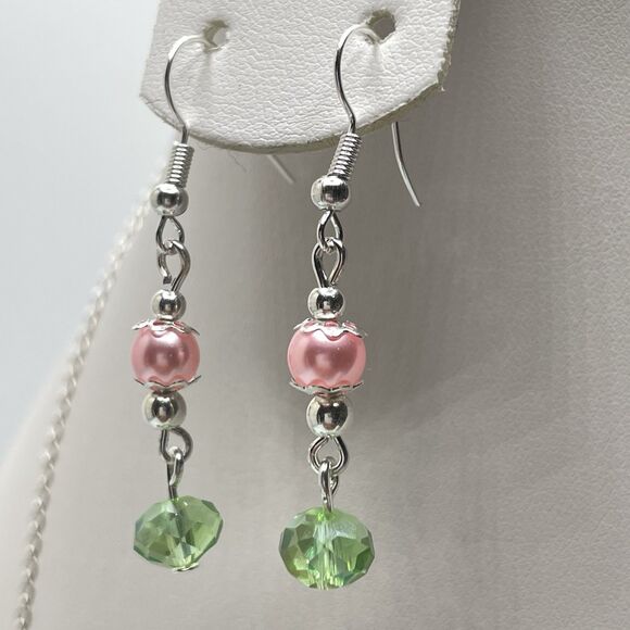Stunning Pink Green Glass Pearl Beaded Bar Chain Necklace Earrings Bracelet Set - Picture 2 of 8